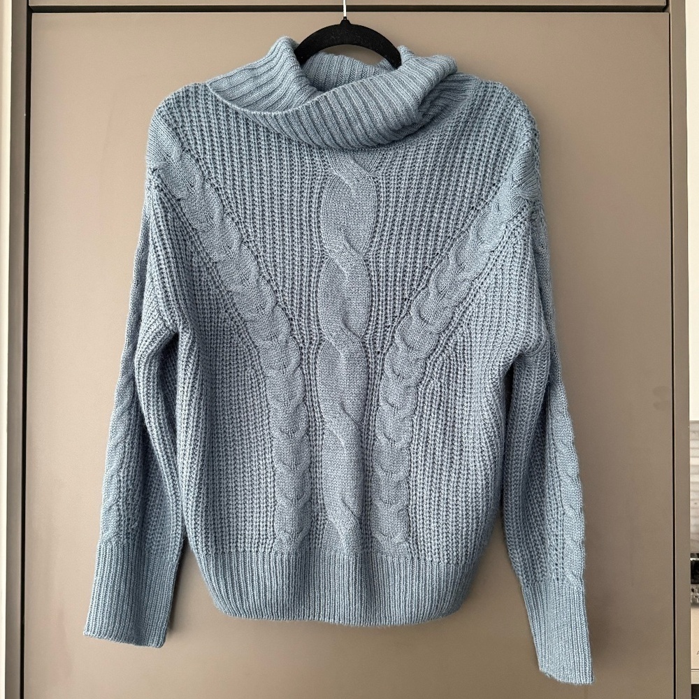 Blue Knit Long Sleeve Loose Turtle Neck Cable Knit Sweater